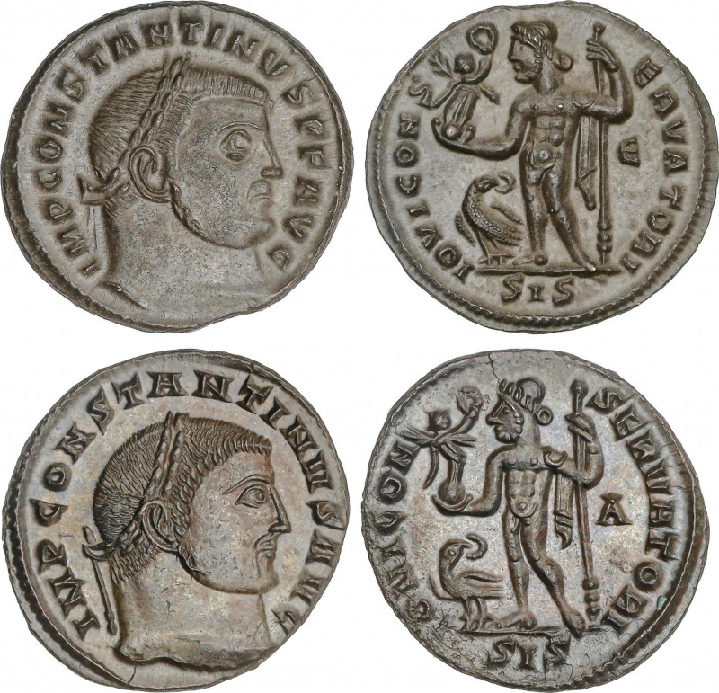 Lote 2 monedas Follis. Acuñadas el 313 d.C. CONSTANTINO I. SISCIA. Anv.: IMP. CO...