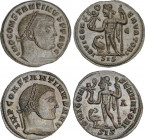 Lote 2 monedas Follis. Acuñadas el 313 d.C. CONSTANTINO I. SISCIA. Anv.: IMP. CONSTANTINVS AVG y IMP. CONSTANTINVS P.F. AVG. Busto laureado a derecha....