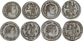 Lote 4 monedas Follis. Acuñadas el 313 d.C. CONSTANTINO I. SISCIA. Rev.: IOVI CONSERVATOR..TORI o..TORI AVGG.NN. Júpiter en pie a izquierda, portando ...
