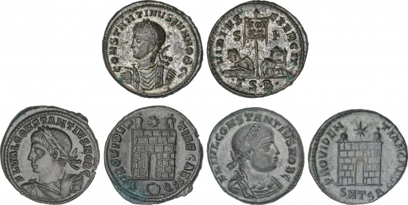 Lote 3 monedas Follis. Acuñadas el 320-325 d.C. CONSTANCIO II. Rev.: 2x PROVIDEN...