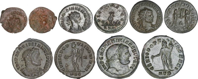 Lote 5 monedas Follis (2) y Antoniniano (3). TETRICO II, CARINO, DIOCLECIANO, MA...