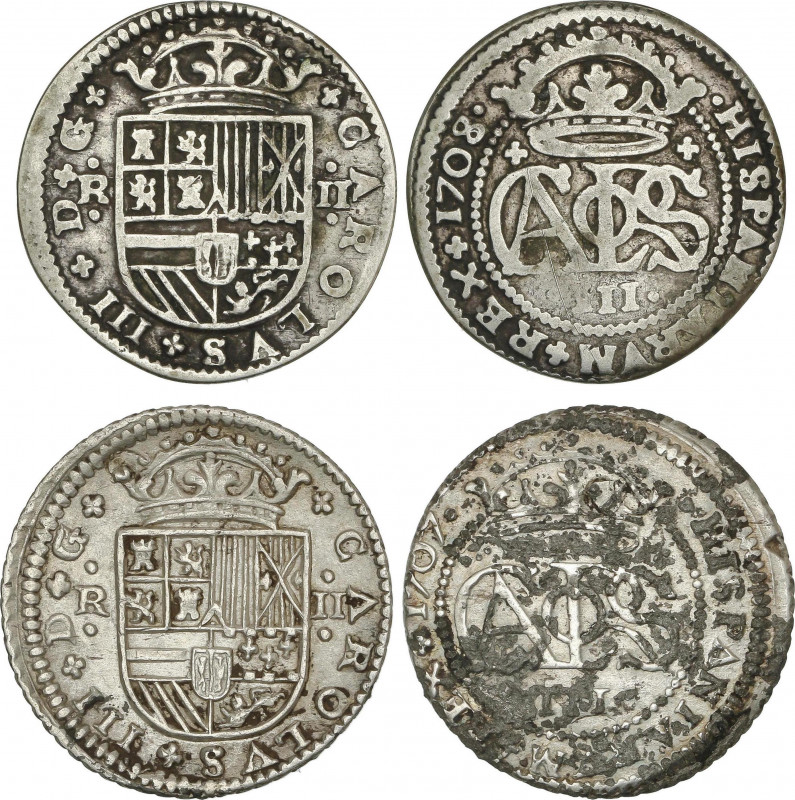 Lote 2 monedas 2 Reales. 1707 y 1708. BARCELONA. AR. (Una con oxidaciones). AC-2...