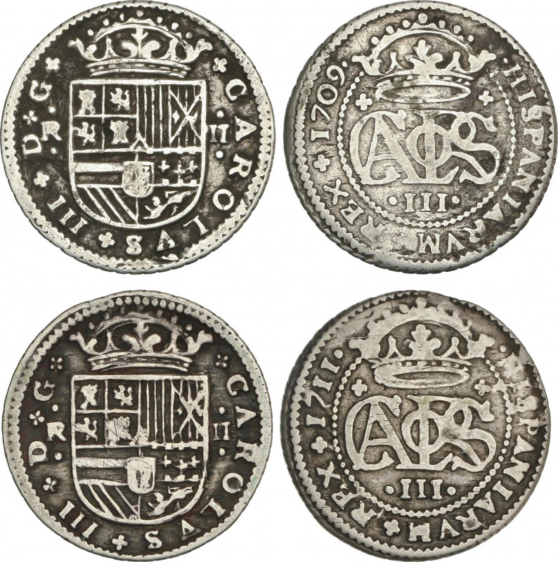 Lote 2 monedas 2 Reales. 1709 y 1711. BARCELONA. AR. AC-30, 32. MBC-.