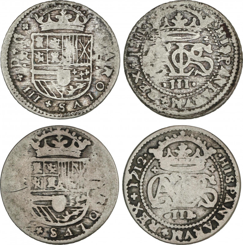 Lote 2 monedas 2 Reales. 1711 y 1712. BARCELONA. AR. AC-32, 33. BC+.