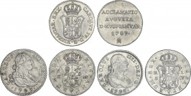 Lote 3 monedas 1 Real. 1789, 1793 y 1796. MADRID (2) y SEVILLA. Madrid: Medalla proclamación 1789 (módulo 1 Real) y 1 real 1793 M.F.; Sevilla: 1 Real ...