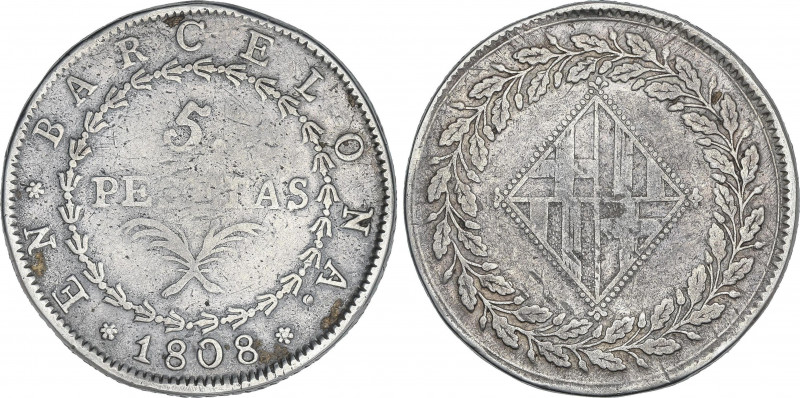 5 Pesetas. 1808. BARCELONA. 25,95 grs. (Golpes). AC-44. MBC-.