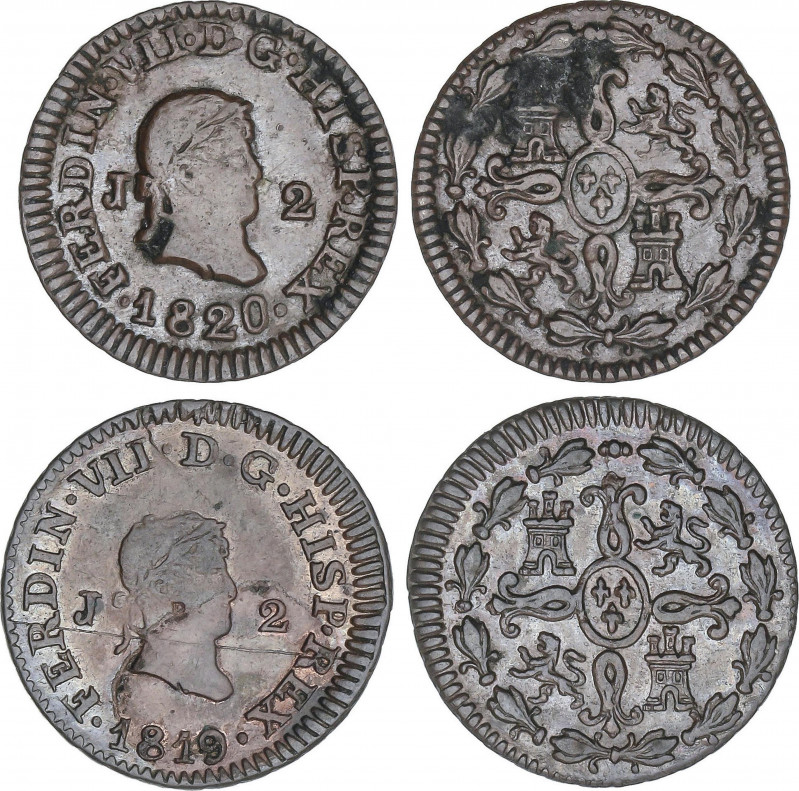 Lote 2 monedas 2 Maravedís. 1819 y 1820. JUBIA. AC-133, 134. MBC y MBC+.