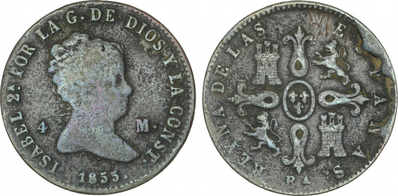 4 Maravedís. 1855. BARCELONA. ESCASA. 5,22 grs. AE. (Oxidaciones). AC-65. MBC-.