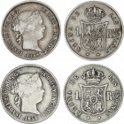 Lote 2 monedas 1 Real. 1858/7. BARCELONA y SEVILLA. Las dos con sobrefecha muy visible. AC-281, 327. MBC-.