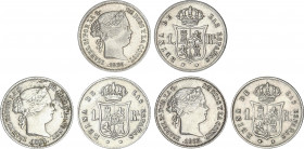 Lote 3 monedas 1 Real. 1859/7, 1861/0 y 1863/1. BARCELONA, MADRID y SEVILLA. Las tres con sobrefecha muy visible. AC-286, 307, 335. MBC a MBC+.