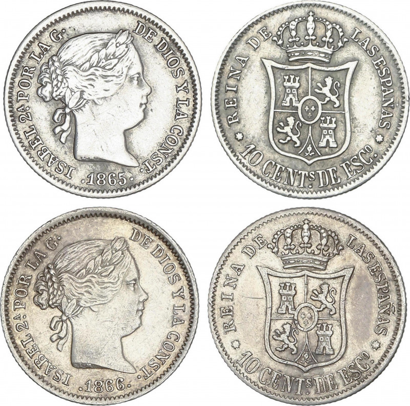 Lote 2 monedas 10 Céntimos de Escudo. 1865 y 1866. SEVILLA. AC-342, 343. MBC+ y ...