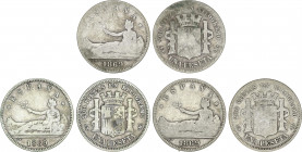 Lote 3 monedas 1 Peseta. 1869 (*18-69). S.N.-M. Leyenda ESPAÑA. (Algunas estrellas no visibles). A EXAMINAR. BC- a BC+.