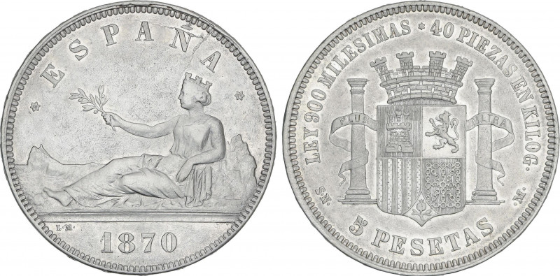 5 Pesetas. 1870 (*18-70). S.N.-M. Rotura de cuño en anverso. Restos de brillo or...