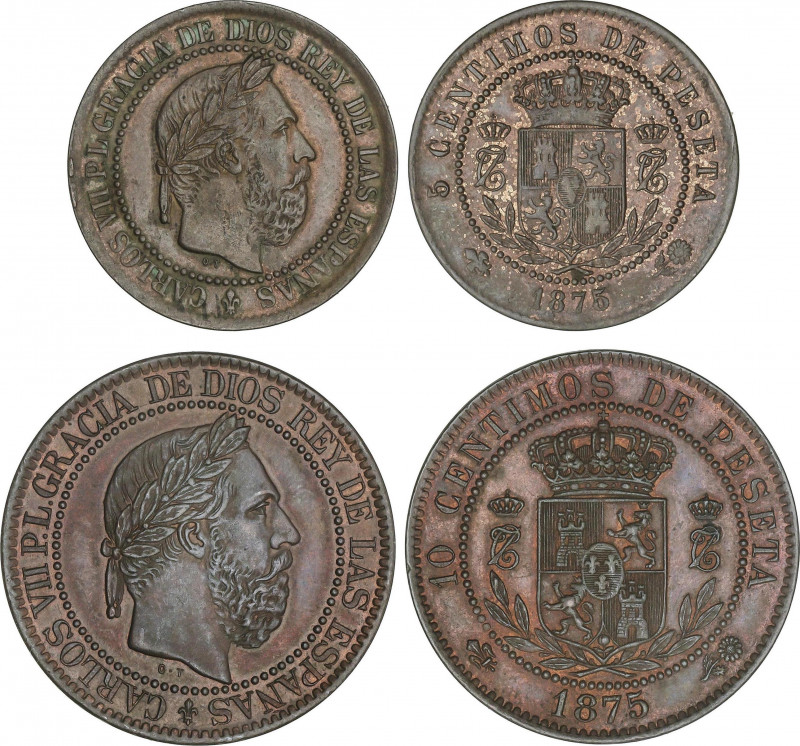 Lote 2 monedas 5 y 10 Céntimos. 1875. BRUSELAS. Anverso y reverso coincidentes. ...