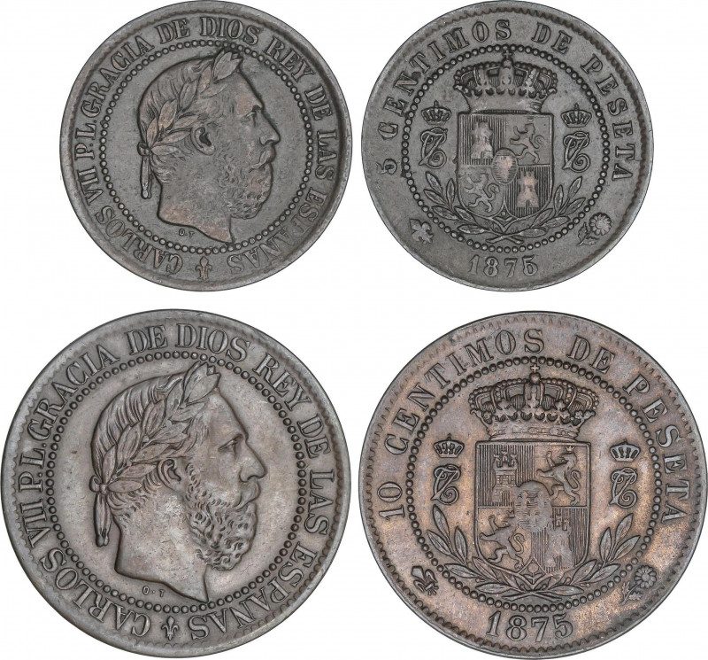 Lote 2 monedas 5 y 10 Céntimos. 1875. BRUSELAS. Anverso y reverso coincidentes. ...