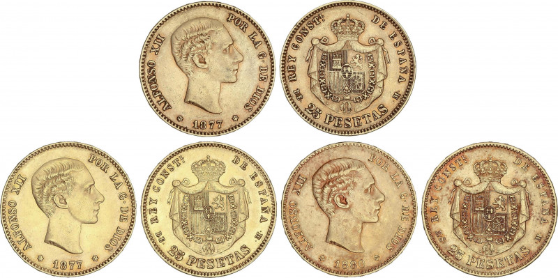 Lote 3 monedas 25 Pesetas. 1877 (2) y 1880. Todas las estrellas visibles. MBC a ...