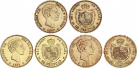Lote 3 monedas 25 Pesetas. 1877 (2) y 1880. Todas las estrellas visibles. MBC a MBC+.
