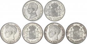 Lote 3 monedas 1 Peseta. 1896, 1899 y 1903. 1896 (*18-96) P.G.-V., 1899 (*18-99) S.G.-V. y 1903 (*19-03) S.M.-V. (1899 resto de brillo y ligera pátina...