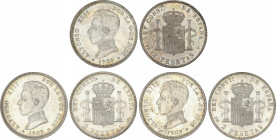 Lote 3 monedas 2 Pesetas. 1905 (*19-05). S.M.-V. Brillo original. EBC+ a SC-.