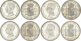 Lote 4 monedas 2 Pesetas. 1905 (*19-05). S.M.-V. Brillo original. EBC+ a SC-.
