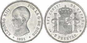 5 Pesetas. 1891 (*18-91). P.G.-M. Restos de brillo original. EBC.