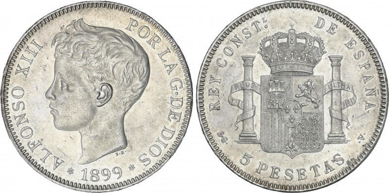 5 Pesetas. 1899 (*18-99). S.G.-V. (Pequeños golpecitos y rayitas). Brillo origin...