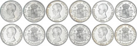 Lote 6 monedas 5 Pesetas. 1888 (*18-88) M.P.-M.; 1889 (*18-89) M.P.-M.; 1890 (*18-90) M.P.-M.; 1890 (*18-90)P.G.-M.; 1891 (*18-91) P.G.-M. y 1892 (*18...