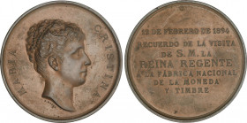 Medalla Recuerdo de la Visita de S.M. la Reina Regente. 12 Febrero 1894. F.N.M.T. MADRID. Anv.: Busto a derecha. MARIA CRISTINA. Rev.: Leyenda en 7 lí...