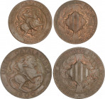 Lote 2 monedas 5 y 10 Cèntims. 1900. BARCELONA. Acuñación incusa sin orla. Restos d ecolor y brillo original. EBC+ a SC.