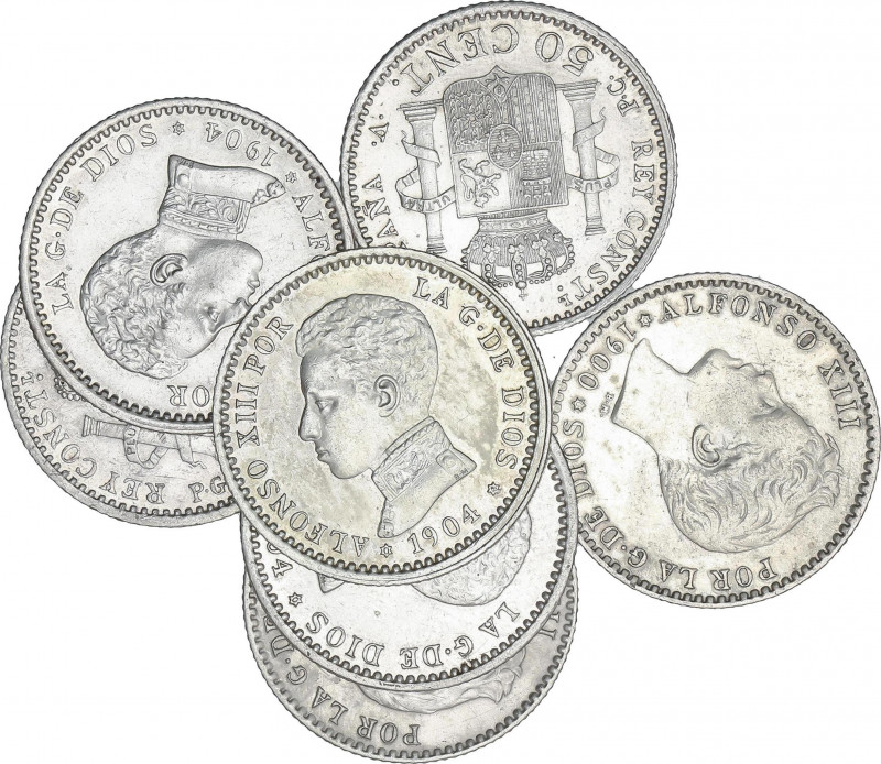 Lote 7 monedas 50 Céntimos. 1896 a 1904. ALFONSO XIII. Incluye: 1896, 2x 1900, 1...