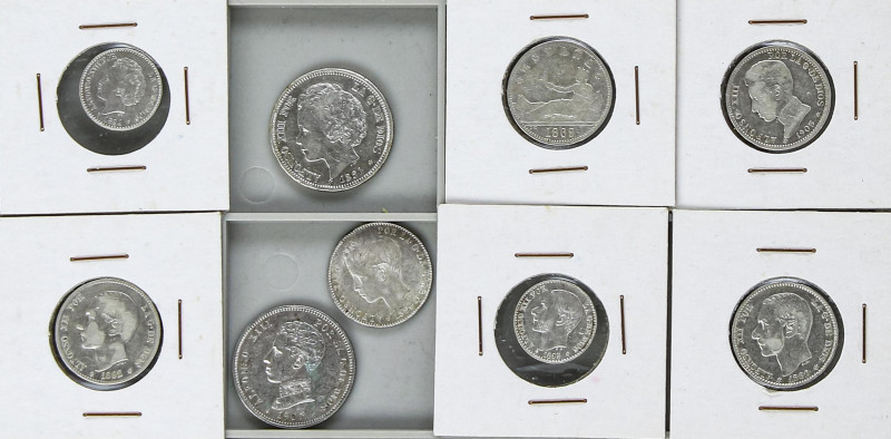 Lote 9 monedas 50 Céntimos a 2 Pesetas. 1869 a 1905. GOBIERNO PROVISIONAL, ALFON...