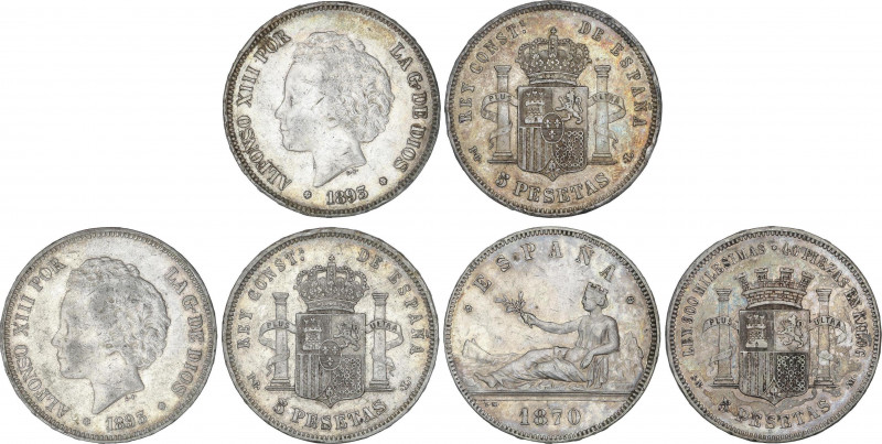 Lote 3 monedas 5 Pesetas. 1870 y 1893. GOBIERNO PROVISIONAL y ALFONSO XIII. Incl...