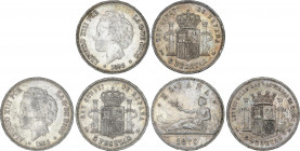 Lote 3 monedas 5 Pesetas. 1870 y 1893. GOBIERNO PROVISIONAL y ALFONSO XIII. Incluye 1870 (*18-70) S.N.-M. y 2x 1893 (*18-93) P.G.-L. A EXAMINAR. MBC+ ...