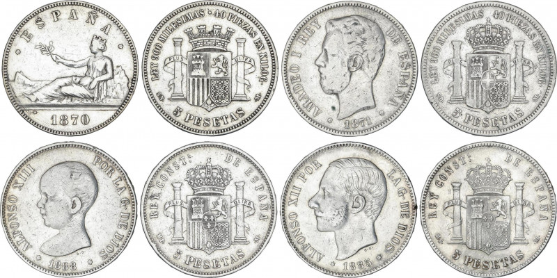Lote 4 monedas 5 Pesetas. 1870 a 1888. GOBIERNO PROVISIONAL a ALFONSO XIII. 1870...