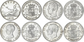 Lote 4 monedas 5 Pesetas. 1870 a 1888. GOBIERNO PROVISIONAL a ALFONSO XIII. 1870 (*_8-70), 1871 (*_8-7_), 1885 (*18-87), 1888 (*_-88)M.P-M. A EXAMINAR...
