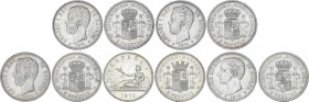 Lote 5 monedas 5 Pesetas. 1870 a 1876. GOBIERNO PROVISIONAL y ALFONSO XII. 1870 (*18-70) S.N.-M., 1871 (*18-71) S.D.-M.; 1871 (*18-74) D.E.-M.; 1871 (...