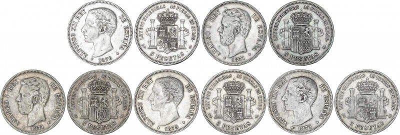 Lote 5 monedas 5 Pesetas. 1871, 1875 y 1876. AMADEO I y ALFONSO XII. 3x variante...
