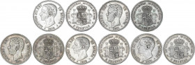 Lote 5 monedas 5 Pesetas. 1871, 1875 y 1876. AMADEO I y ALFONSO XII. 3x variante fondo del pabellón de la oreja rayado (2x 1875 y 1876), 2x Variante b...
