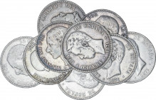 Lote 9 monedas 5 Pesetas. 1871 a 1890. AMADEO I a ALFONSO XIII. 3x 1871 (*74), 2x 1871 (*75), 3x 1882, 1890 Falsa de época. A EXAMINAR. MBC- a MBC.