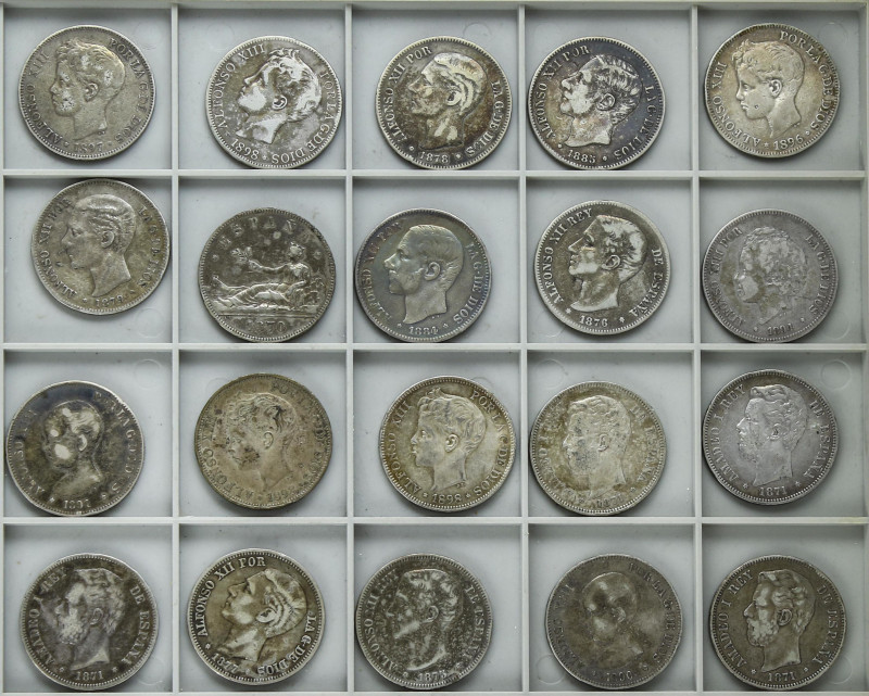 Lote 20 monedas 5 Pesetas. 1870 a 1898. GOBIERNO PROVISIONAL, AMADEO I, ALFONSO ...