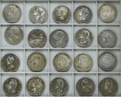 Lote 20 monedas 5 Pesetas. 1870 a 1898. GOBIERNO PROVISIONAL, AMADEO I, ALFONSO XII y ALFONSO XIII. A EXAMINAR. MBC- a EBC+.