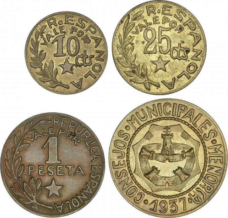 Lote 4 monedas 10 Céntimos a 2,50 Pesetas. 1937. C.M. de MENORCA. Latón. Serie i...