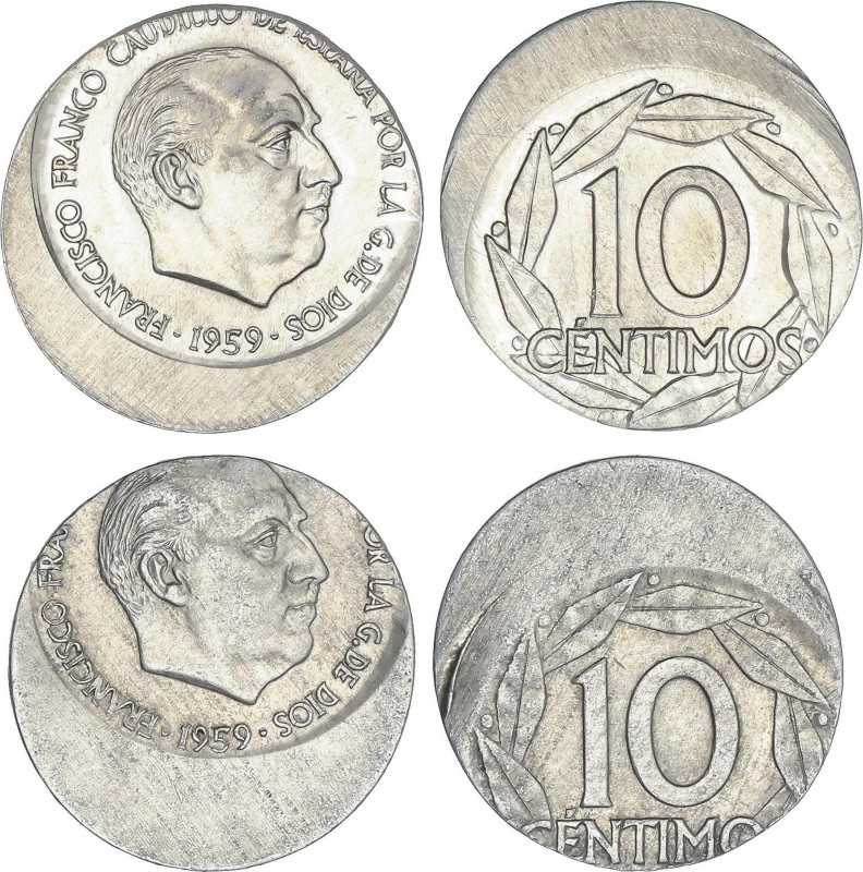Lote 2 monedas 10 Céntimos. 1959. La dos ERROR: acuñación desplazada 3 y 5 mm. E...