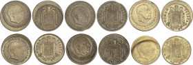 Lote 6 monedas 1 Peseta. 1963 y 1966. Las seis ERROR; Acuñación algo desplazada (x4), Pequeño final de riel y defecto de acuñación. A EXAMINAR. MBC a ...