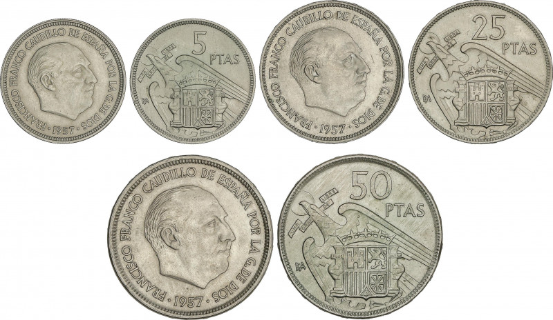 Serie 3 monedas 5, 25 y 50 Pesetas. 1957 (*BA). I Exposición Iberoamericana de N...