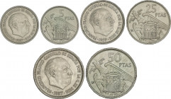 Serie 3 monedas 5, 25 y 50 Pesetas. 1957 (*BA). I Exposición Iberoamericana de Numismática y Medallística. EBC+ a SC.