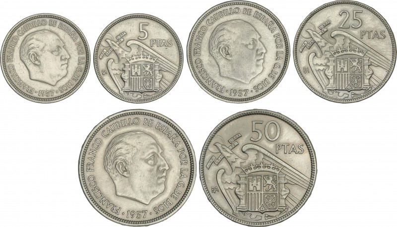 Serie 3 monedas 5, 25 y 50 Pesetas. 1957 (*BA). I Exposición Iberoamericana de N...