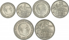 Serie 3 monedas 5, 25 y 50 Pesetas. 1957 (*BA). I Exposición Iberoamericana de Numismática y Medallística. MBC+ a EBC-.