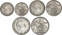 Serie 3 monedas 5, 25 y 50 Pesetas. 1957 (*BA). I Exposición Iberoamericana de Numismática y Medallística. (Pequeños golpecitos). MBC a MBC+.