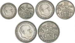 Serie 3 monedas 5, 25 y 50 Pesetas. 1957 (*BA). I Exposición Iberoamericana Numismática y Medallística Barcelona. A EXAMINAR. MBC a MBC+.